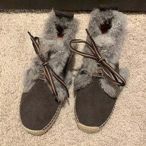 See by Chloe platform rabbit fur espadrilles.